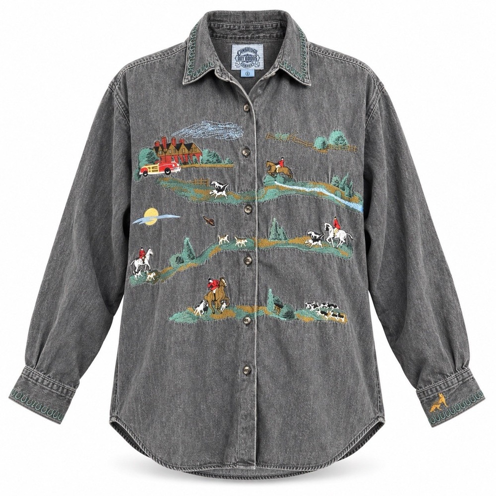 VTG CAMBRIDGE DRY GOODS Sz 8 Gray Denim Shirt Fox Hunt Equestrian Embroidered